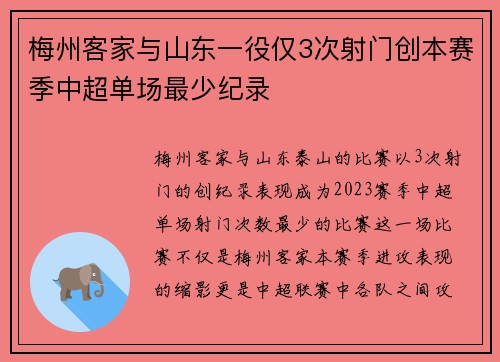 梅州客家与山东一役仅3次射门创本赛季中超单场最少纪录