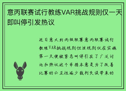 意丙联赛试行教练VAR挑战规则仅一天即叫停引发热议