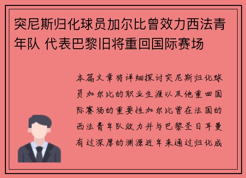 突尼斯归化球员加尔比曾效力西法青年队 代表巴黎旧将重回国际赛场