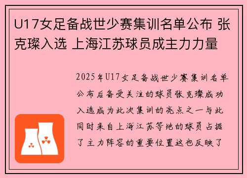 U17女足备战世少赛集训名单公布 张克璨入选 上海江苏球员成主力力量